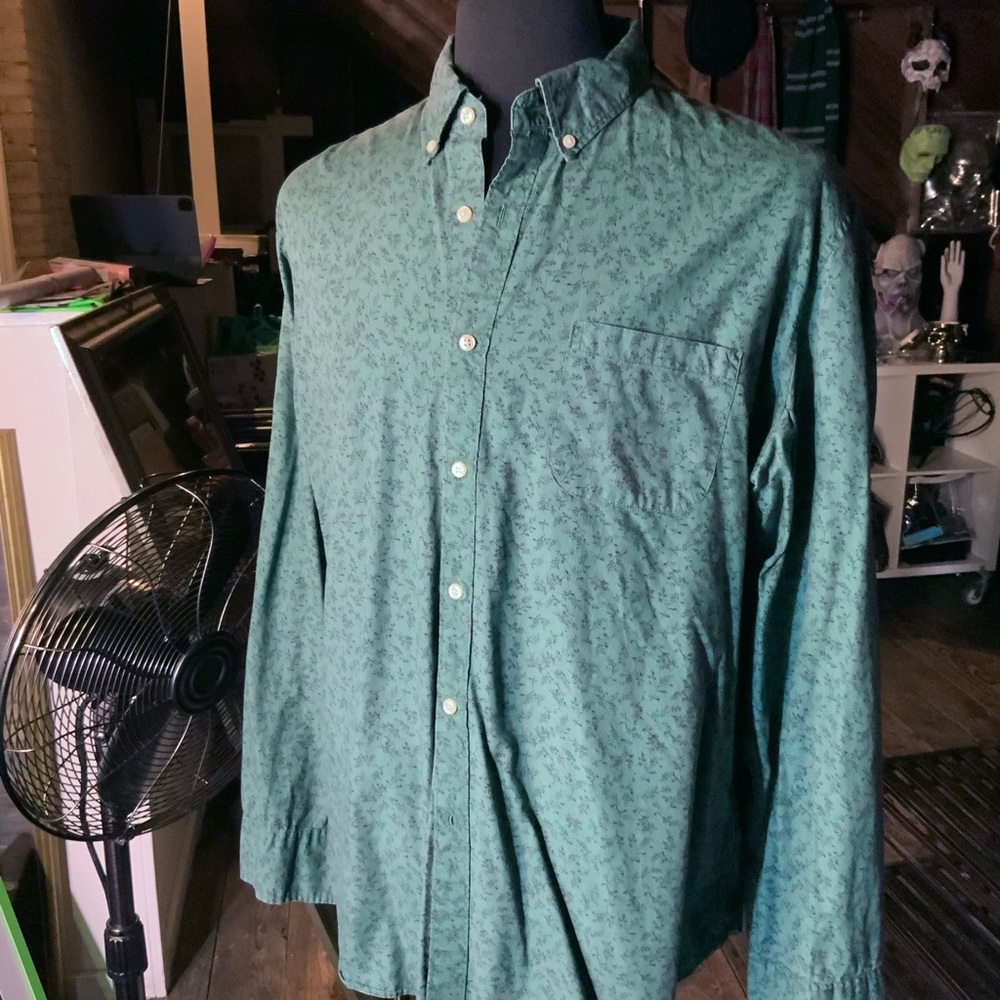 J Crew Mens XL botanical floral forest green navy cotton dress shirt button down